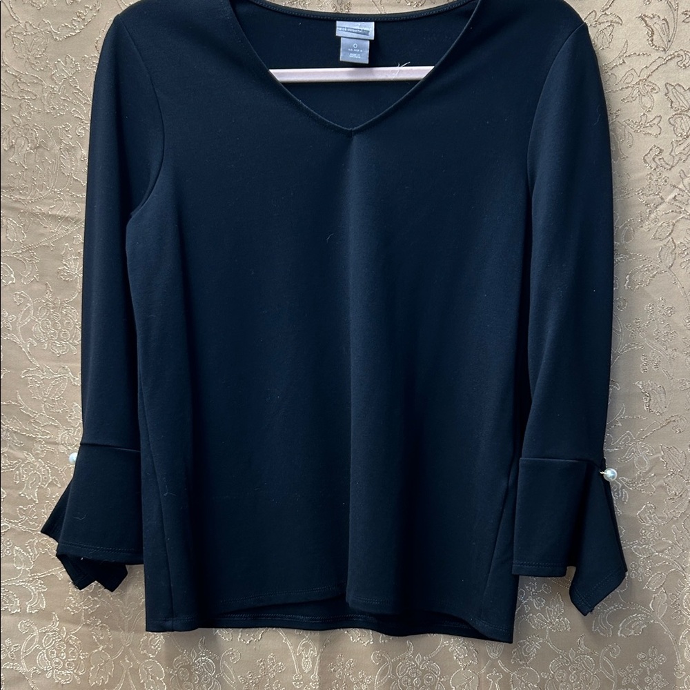 Chico's Black V-Neck Bell Sleeve Top with Pearl Accent